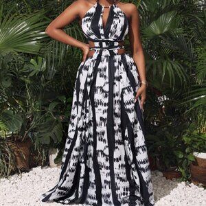 Black Boho Women's Tie-Dye Printed Cut-Out Halterneck Dress